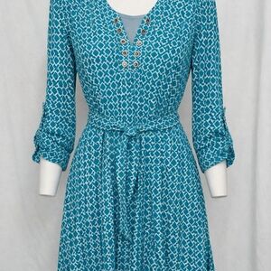 Michael Kors Petite Small Teal Print Dress Long Sleeve V Neck MK Grommet